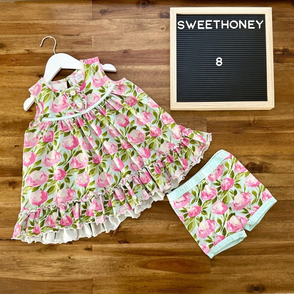 SweetHoney Out To Play Set Tumbling Whisp 8 Pink Green Floral Tunic Shorts Knit